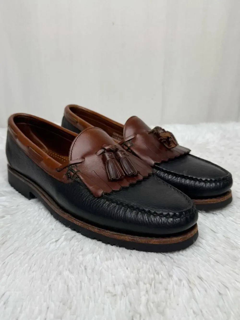 ALLEN EDMONDS / Nashua cognac brown black leather tassel slip on loafers / 10D